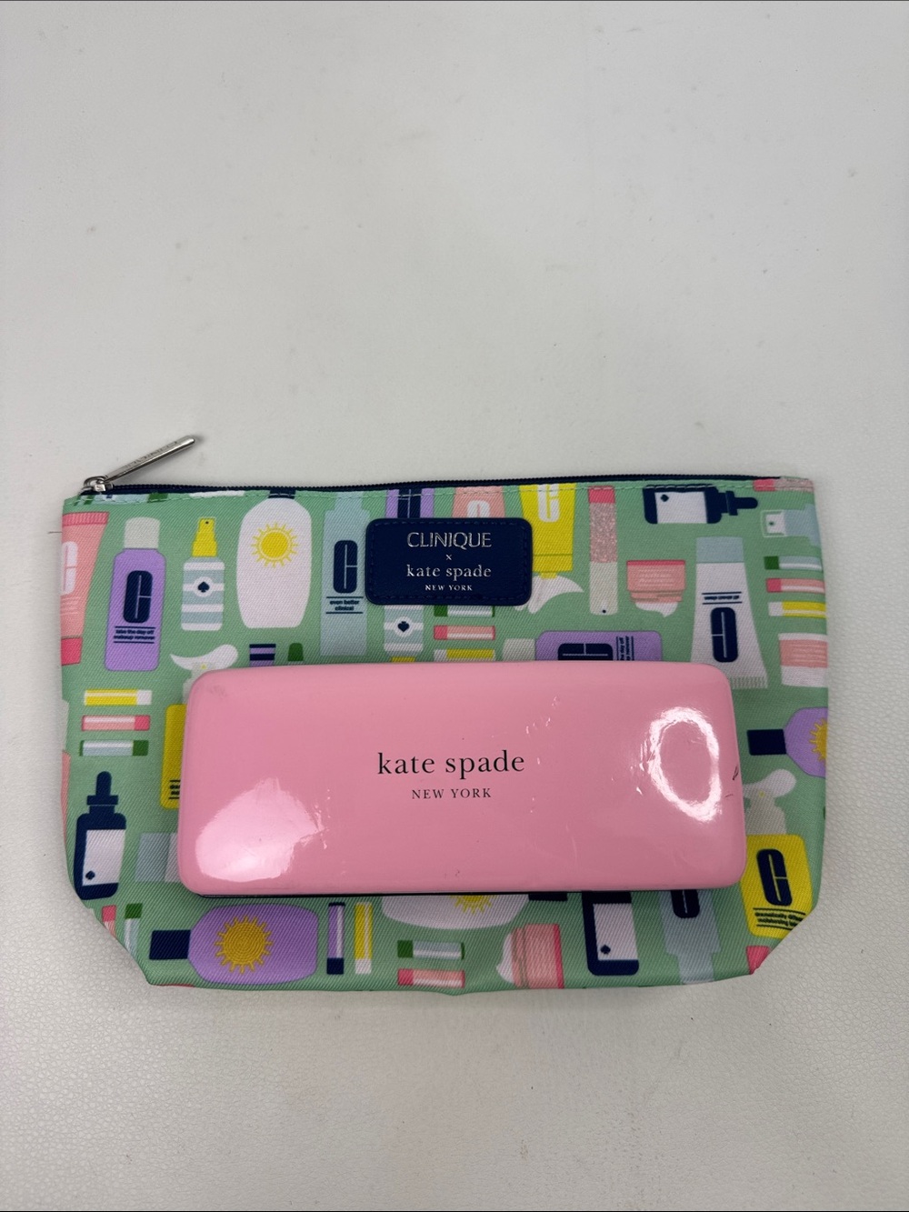 kate spade Green Printed Cosmetic Pouch & Pink Kate Spade Sunglasses Case set